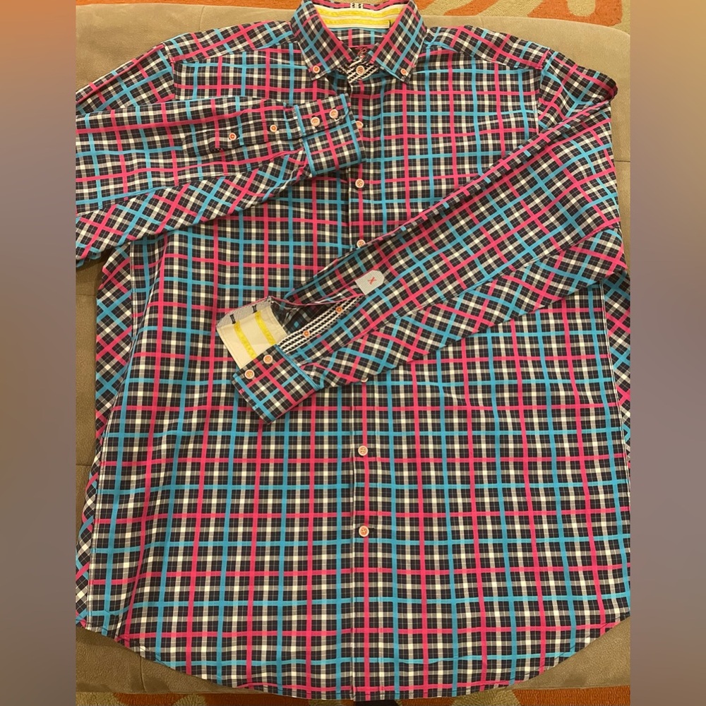 Robert Graham X Collection Wild Plaid Button Down Shirt Mens XLT Flip Cuff